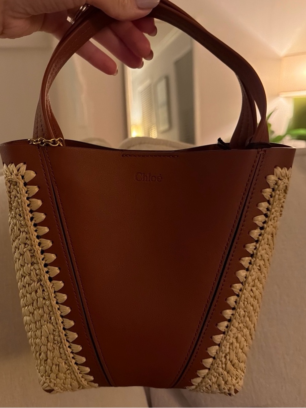 Chloé Brown Leather and Raffia Handheld Tote